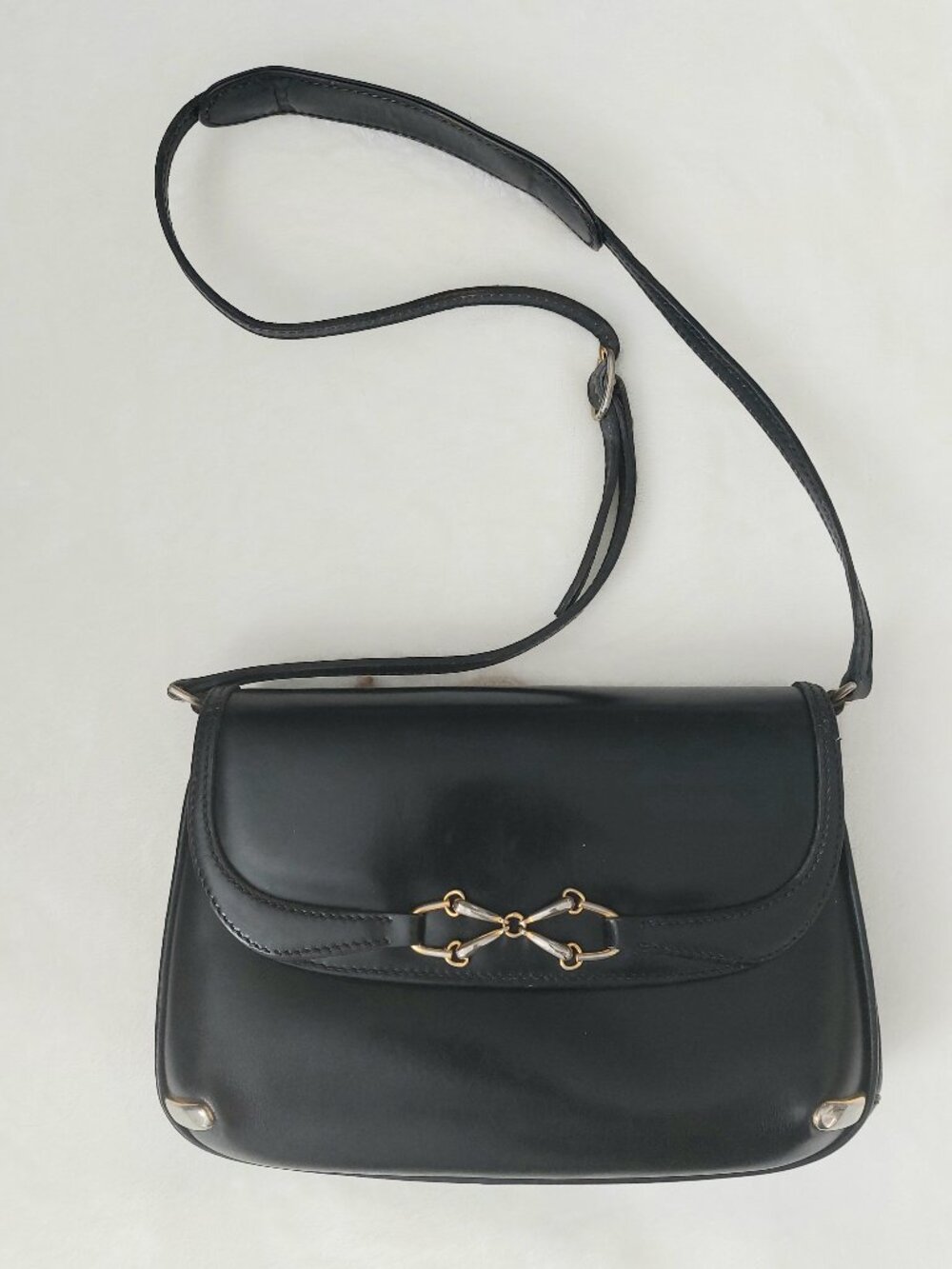 Vintage 1970s Old Gucci Black Calfskin Leather Horsebit Flap Shoulder Bag